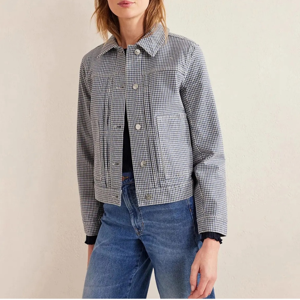 BODEN Blue/White Gingham Denim Cotton Stretch Chore Jacket size 8